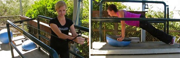 A woman demonstrating the applications for rider fitness of the Vitafloor equine vibration therapy system